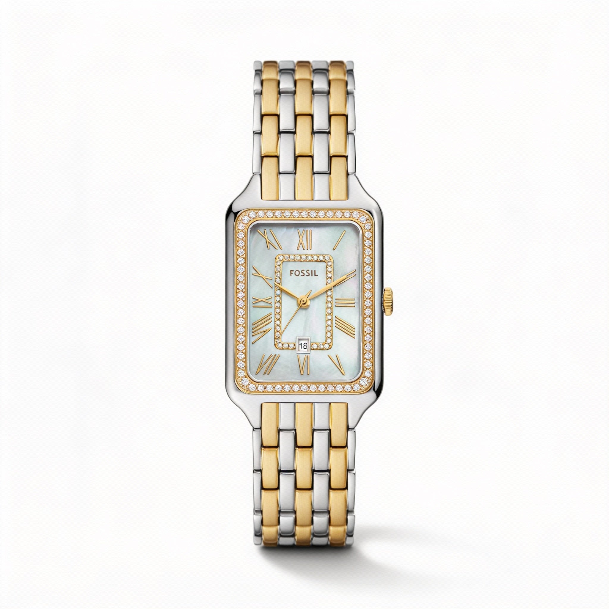 Reloj Fossil Raquel ES5305 de acero inoxidable bicolor con tres manecillas y fecha para mujer, esfera de nácar, resistente a arañazos, 26 mm, Photo 1