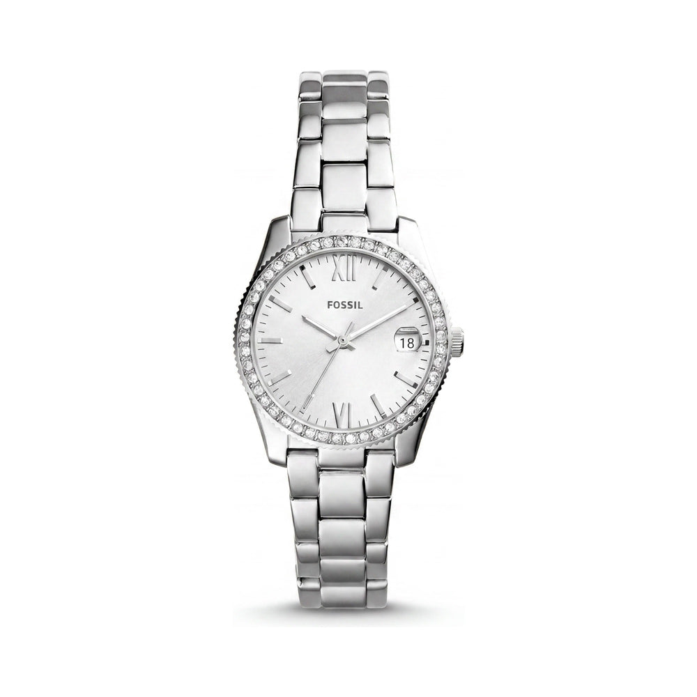 Reloj Fossil Scarlette ES4317 de cuarzo para mujer, caja redonda de acero inoxidable plateado con pedrería, movimiento de cuarzo, 32 mm