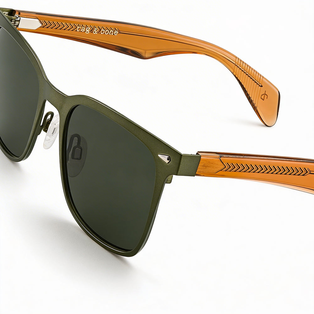 Armazones de metal para gafas de receta Rag & Bone Rnb 7002 para hombres, color café oliva oscuro, con lentes de 54 mm, puente de 19 mm, patillas de 145 mm