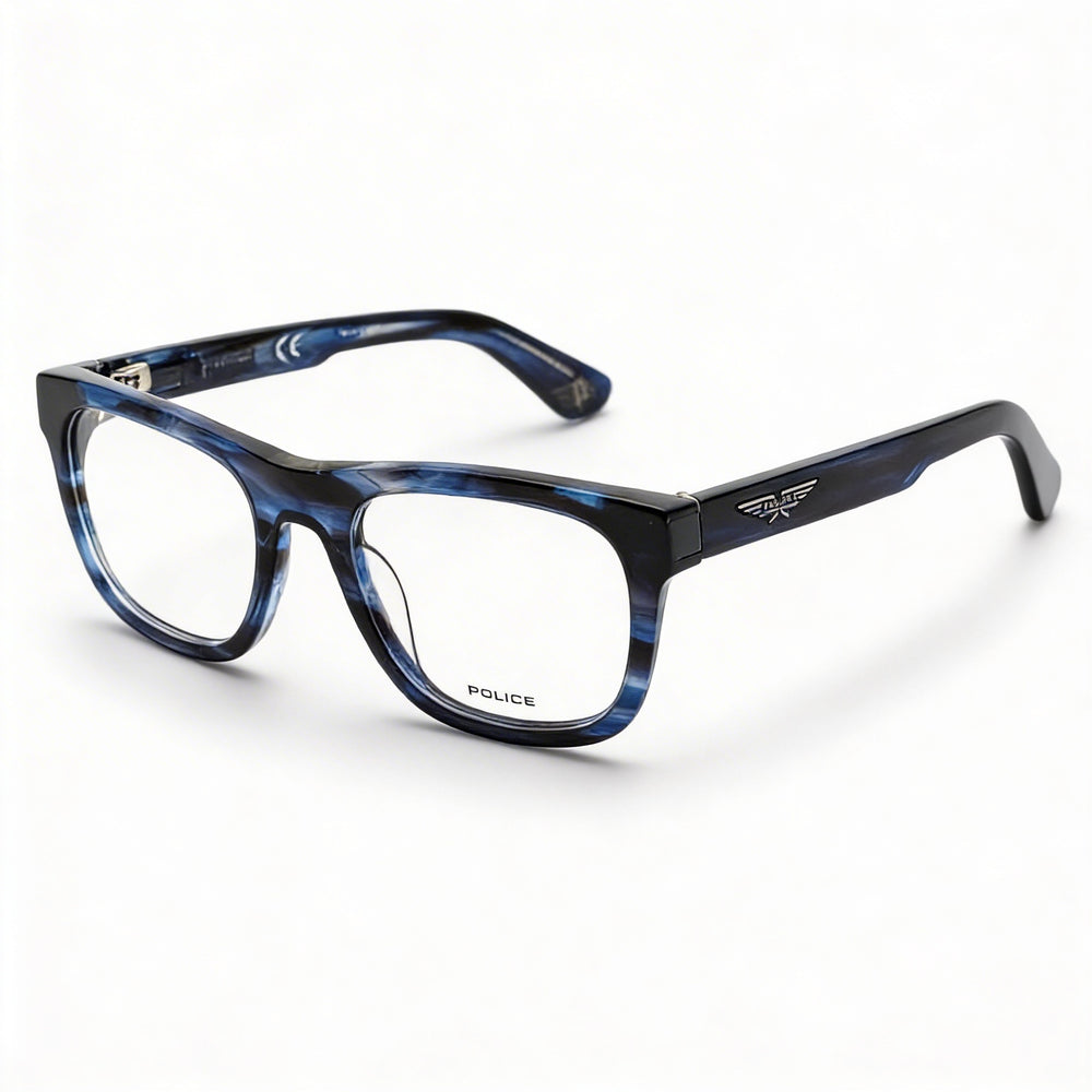 Gafas Police Casual para hombre con montura de plástico azul brillante y lentes de policarbonato, 52 mm