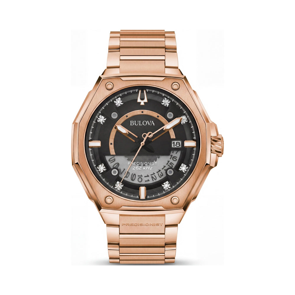 Reloj Bulova para hombre de la serie X de cuarzo, brazalete de acero inoxidable en tono oro rosa, diamantes luminosos y esfera negra de 47 mm