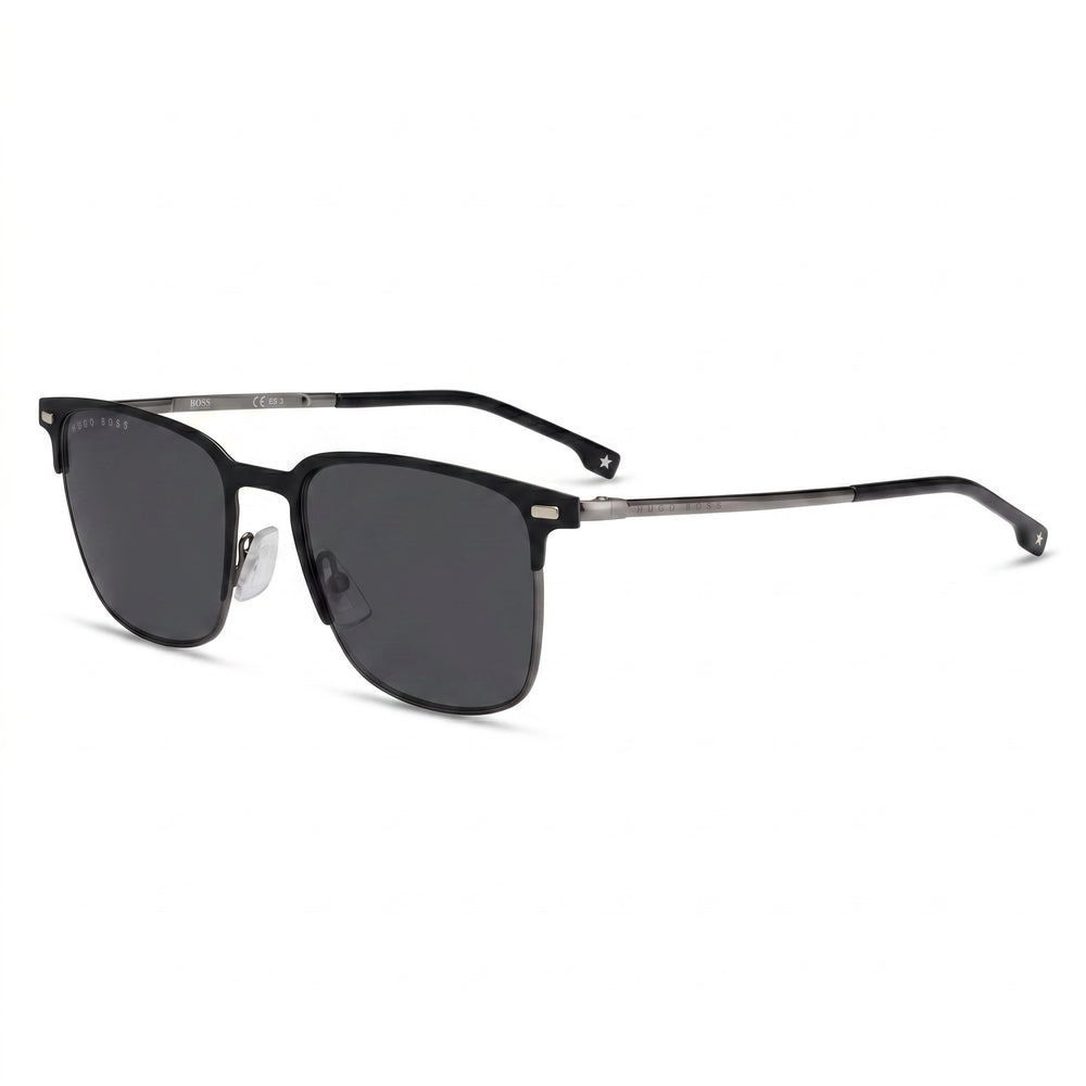 Gafas de sol rectangulares de aleación de acero para hombre BOSS, montura negra mate, lentes gris azulado, protección UV 54-19-140