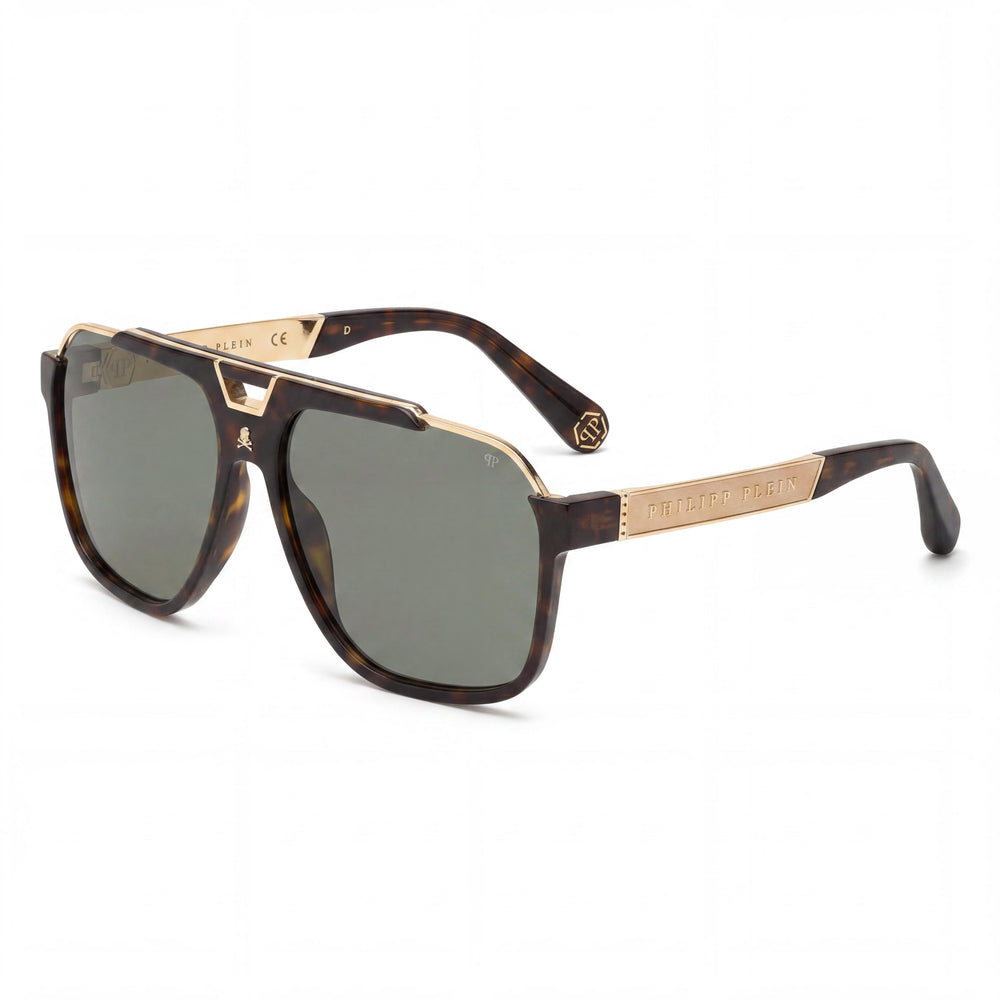 Philipp Plein Spp046v Men's Acetate Dark Havana Sunglasses with Green Nylon Bio Based UV Lenses 61mm