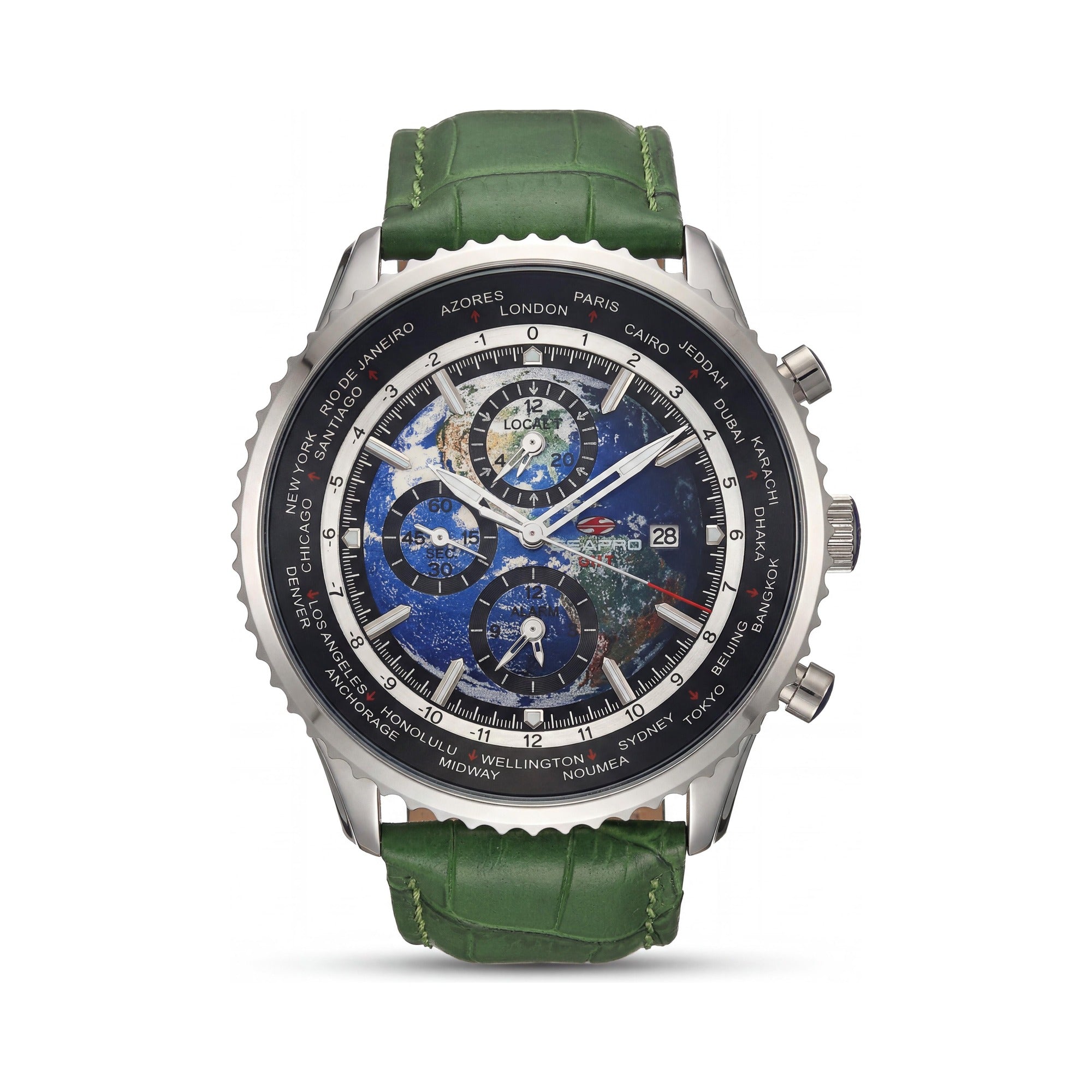 Seapro Men's SP7133 Meridian World Timer GMT Blue Dial Stainless Steel Case Leather Strap Quartz 50M Watch, Photo 1