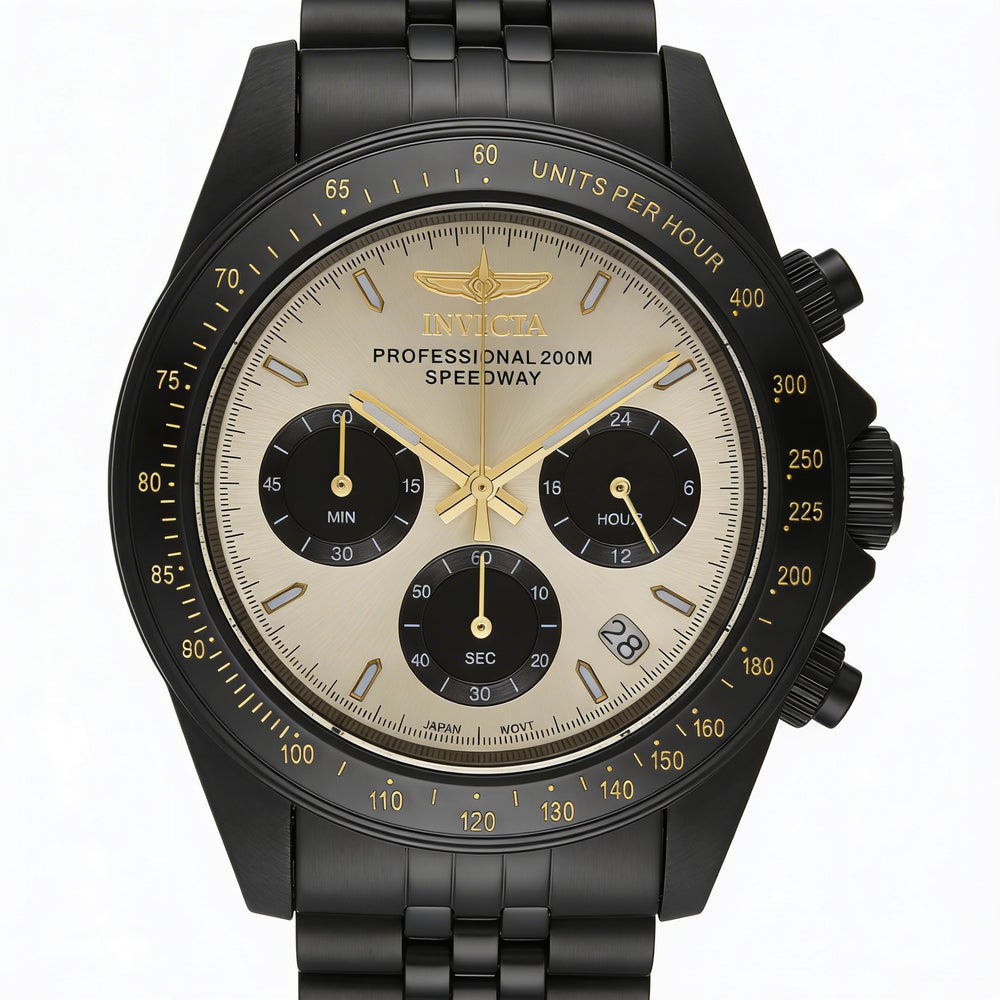 Invicta Speedway 36738 Unisex Chronograph Quartz Black Stainless Steel Gold Dial 39mm Water Resistant