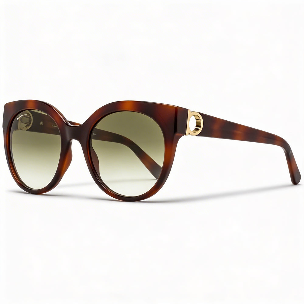 Montura óptica redonda de plástico color carey Ferragamo Gancini-sf1031sl para mujer 53 mm con lentes de plástico verdes con protección UV