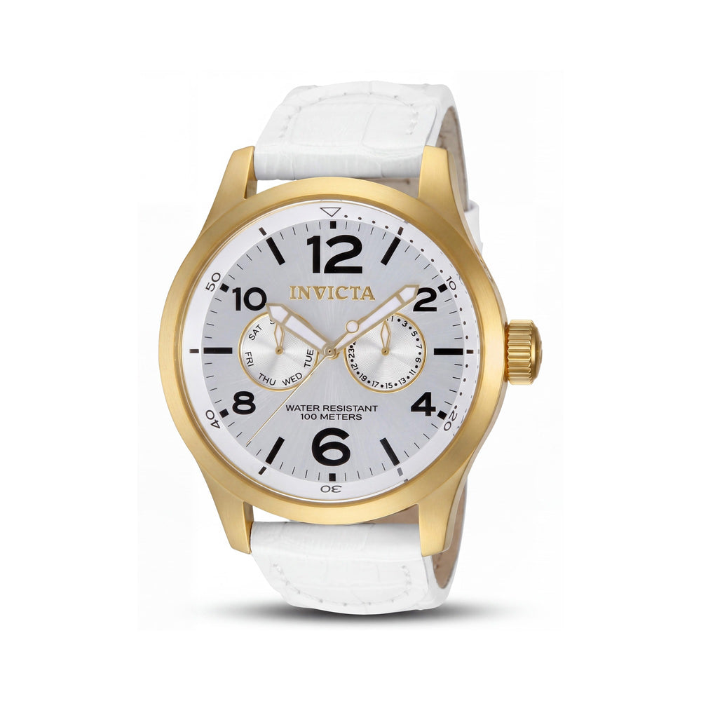 Reloj Invicta Casual para Hombre de Cuarzo Plateado, Resistente al Agua, de Acero Inoxidable Tono Dorado y Correa de Cuero Blanco