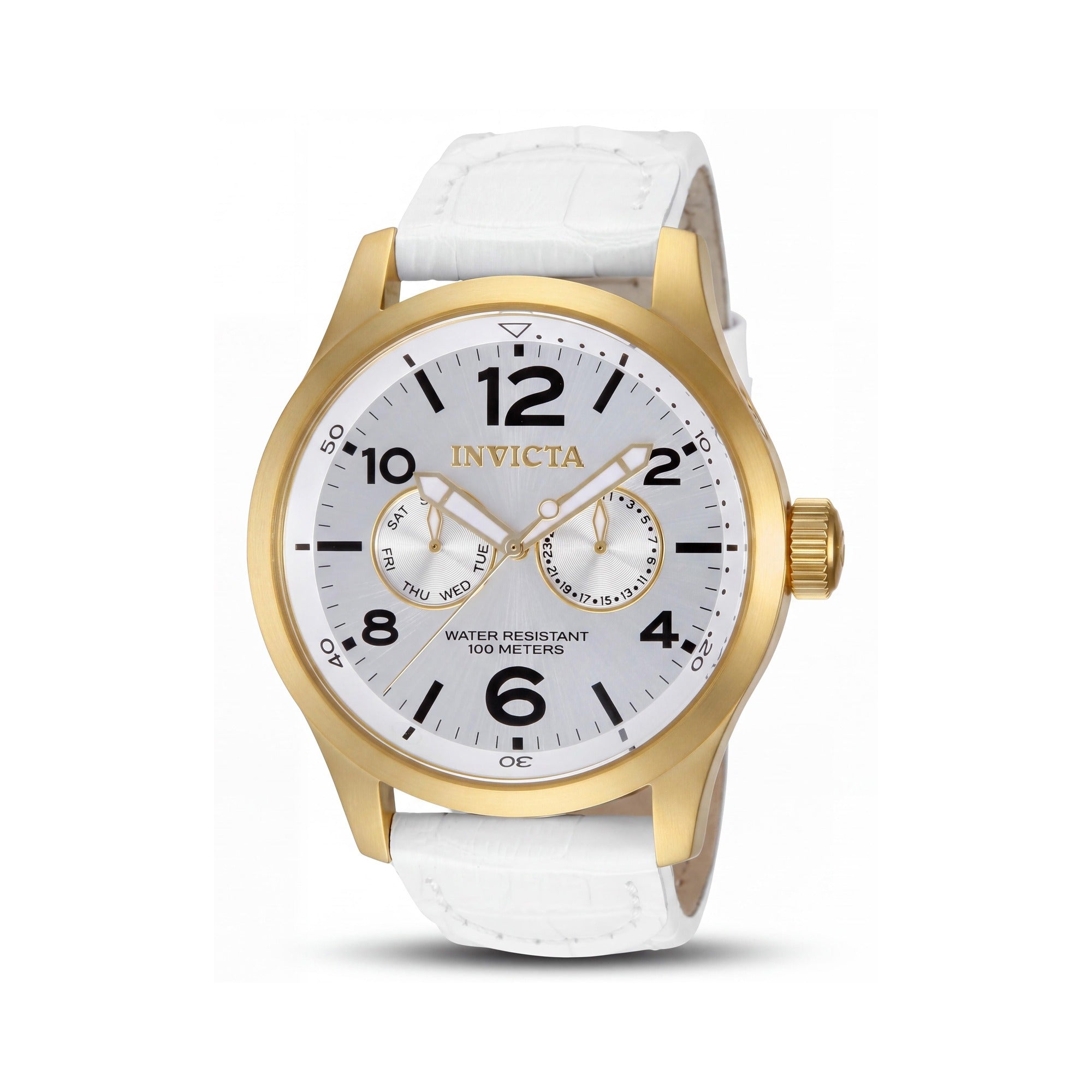 Invicta Casual Men's Silver Quartz, Water Resistant, Gold-Tone Stainless Steel & White Leather Strap Watch, Photo 1