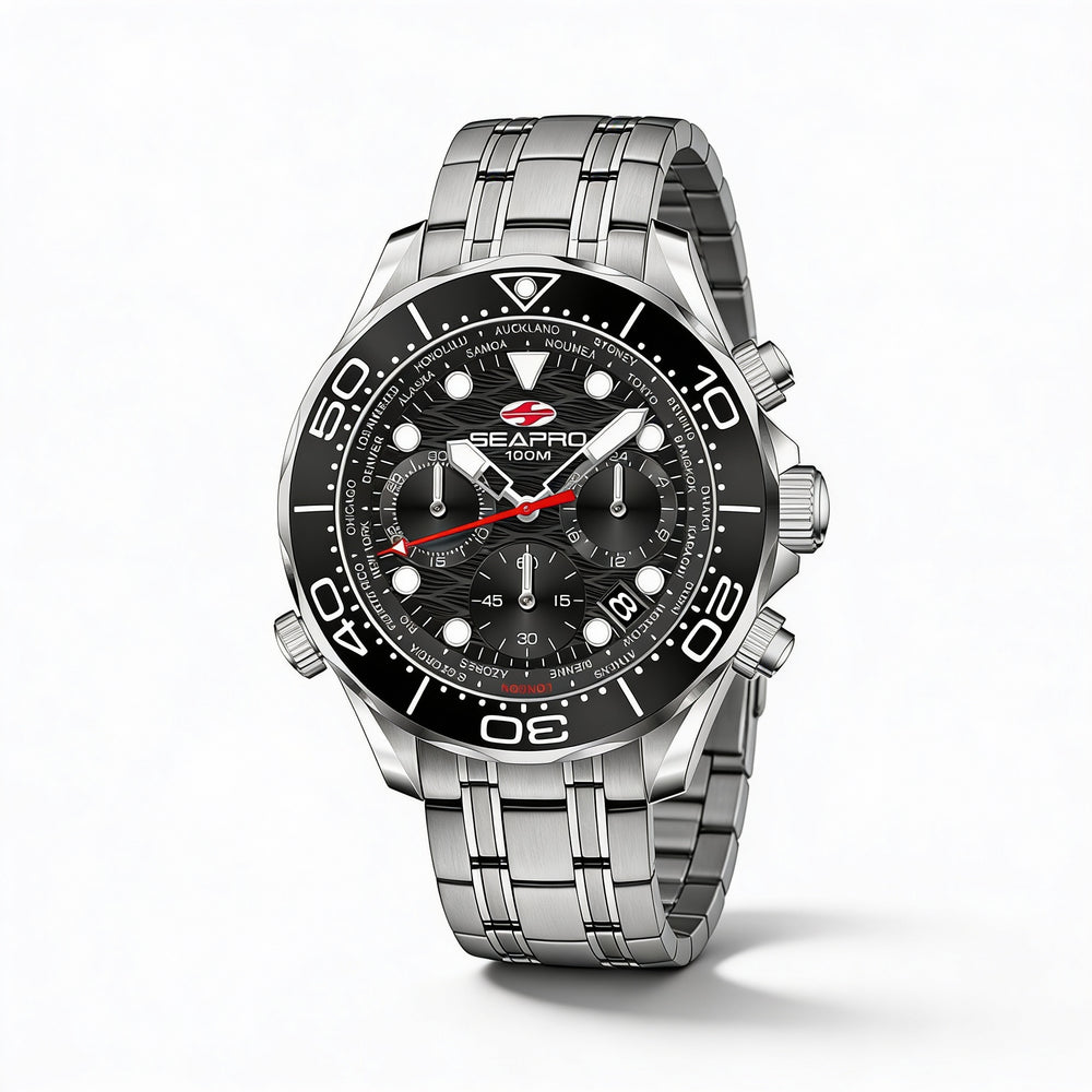 Reloj Seapro Modern para hombre con esfera negra y caja de acero inoxidable, resistente al agua hasta 100 m.