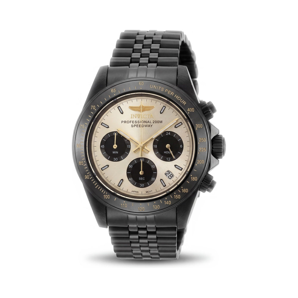 Invicta Speedway 36738 - Cronógrafo unisex de cuarzo, acero inoxidable negro, esfera dorada, 39 mm, resistente al agua