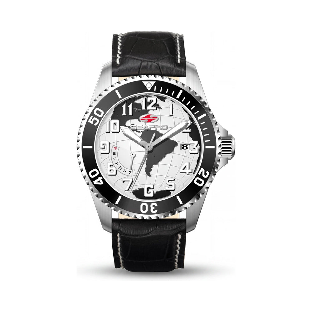 Reloj Seapro para hombre con movimiento de cuarzo, esfera blanca, caja de acero inoxidable y correa de piel, resistente al agua.