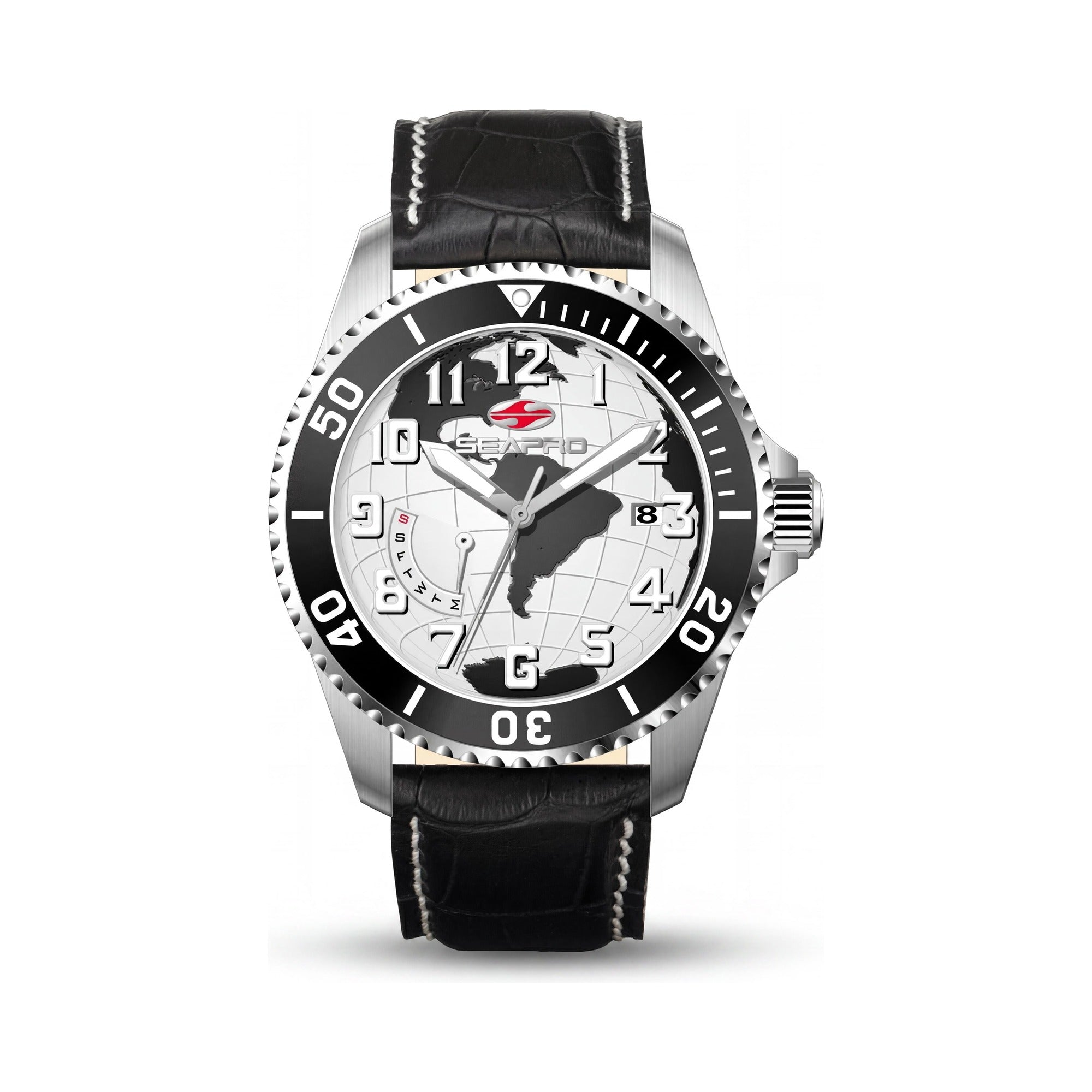 Seapro Men's Quartz Movement Watch with White Dial, Stainless Steel Case & Leather Strap, Water Resistant, Photo 1