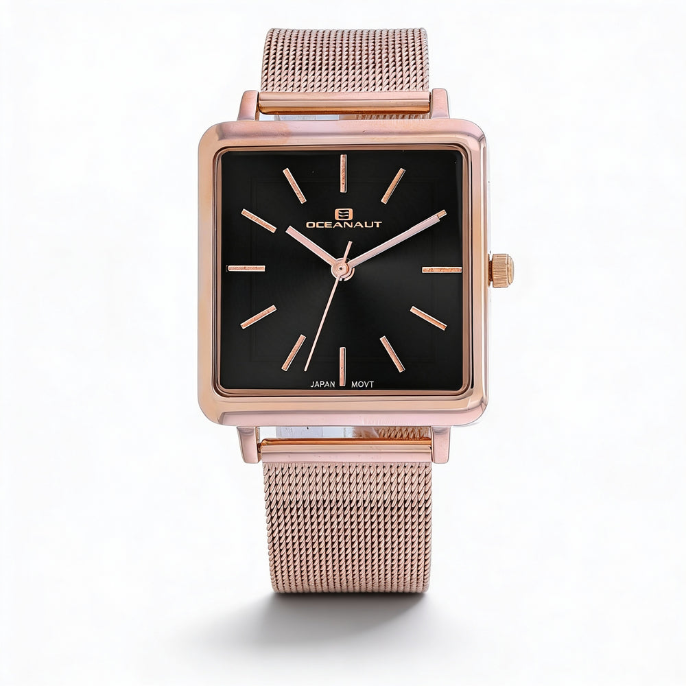 Reloj de cuarzo Oceanaut para mujer, caja y pulsera de acero inoxidable en oro rosa, esfera negra, resistente al agua hasta 30 m.