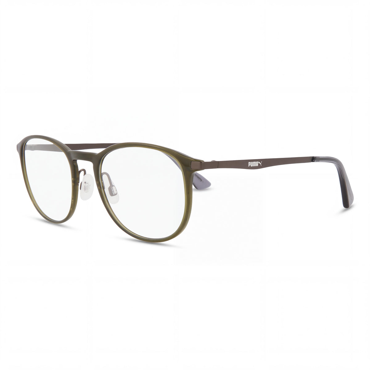 Gafas graduadas PUMA Pu0078o-002 unisex con montura de plástico verde transparente y gris plomo (lente 49 mm, puente 20 mm, varilla 140 mm), Photo 1