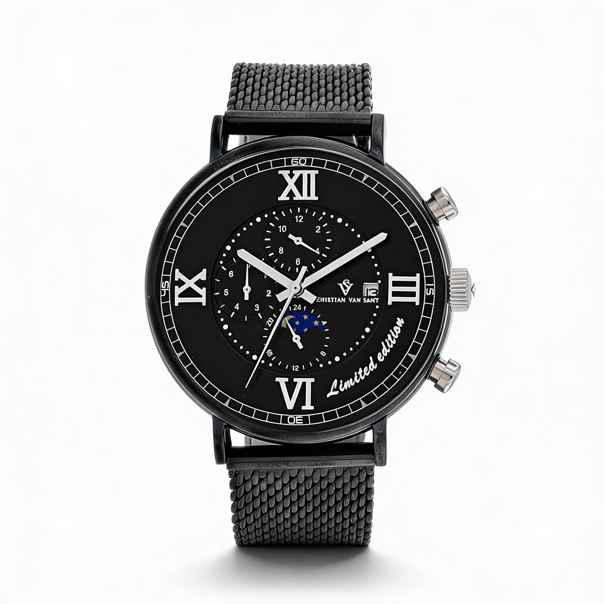 Christian Van Sant bracelet Men's Automatic Movement Black Dial Stainless Steel Case Mesh Bracelet Water Resistant Watch, Photo 1