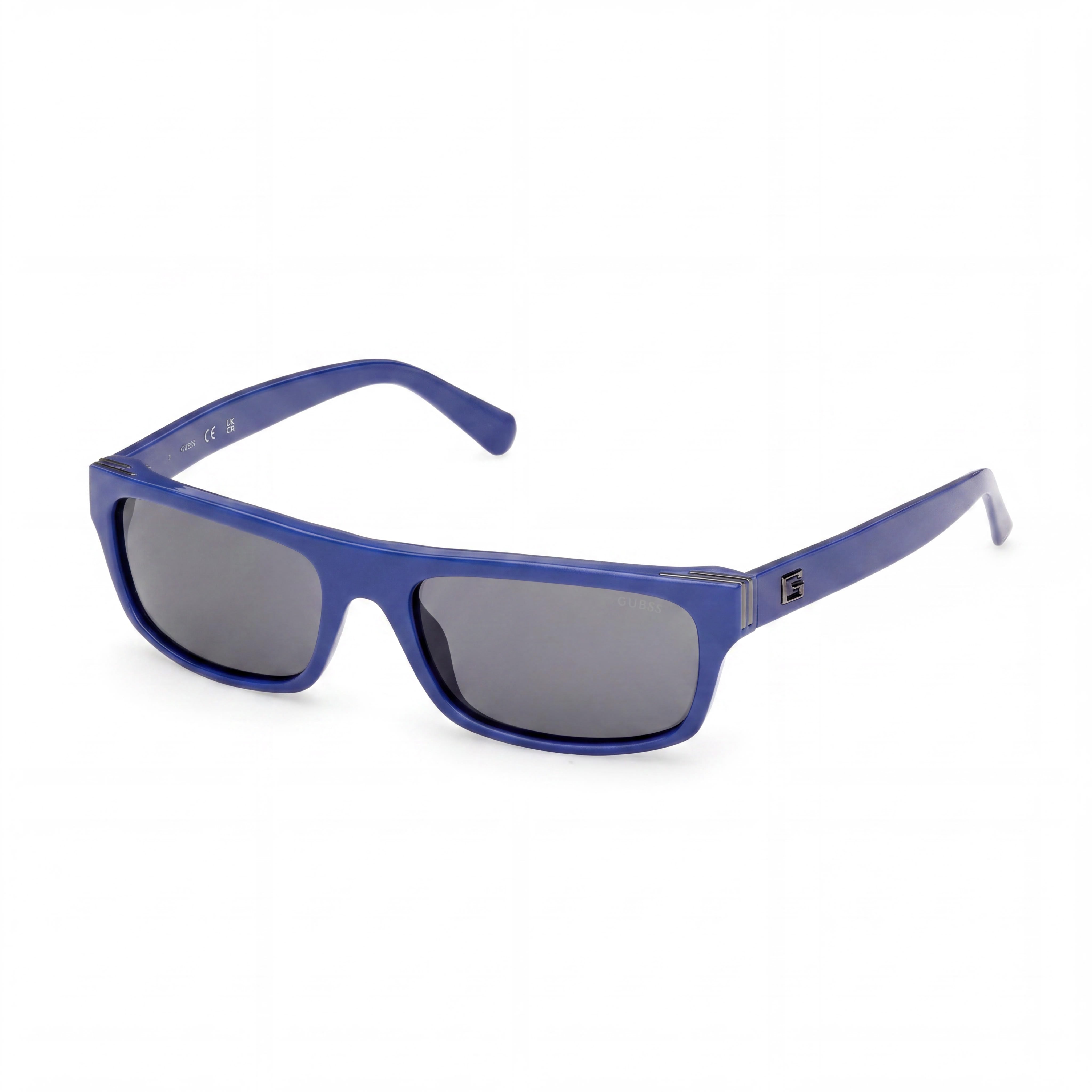 GUESS Casual Men's Sunglasses with Shiny Blue Plastic Frame, Smoke Plastic Non-Polarized Lenses, UV 400 Protection, Size 57-18-145, Photo 1