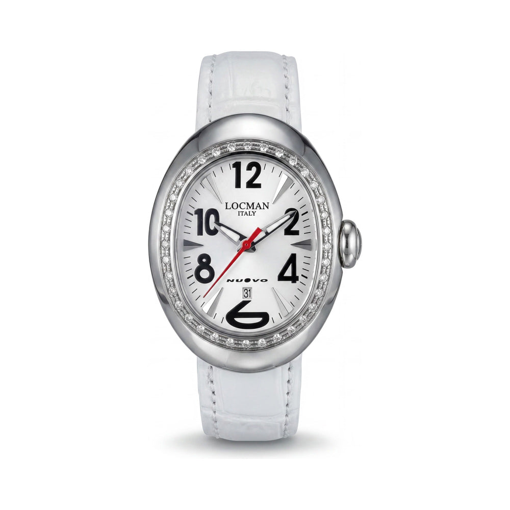 Reloj Locman para mujer con movimiento de cuarzo, acero inoxidable blanco, correa de piel, esfera de nácar, resistente al agua