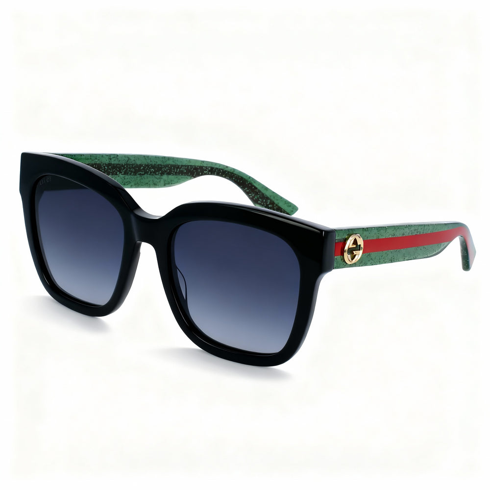 Gucci GG0034SN Women's Square Acetate Sunglasses with Black Green Glitter Red Frame & Shaded Grey Lenses 54mm