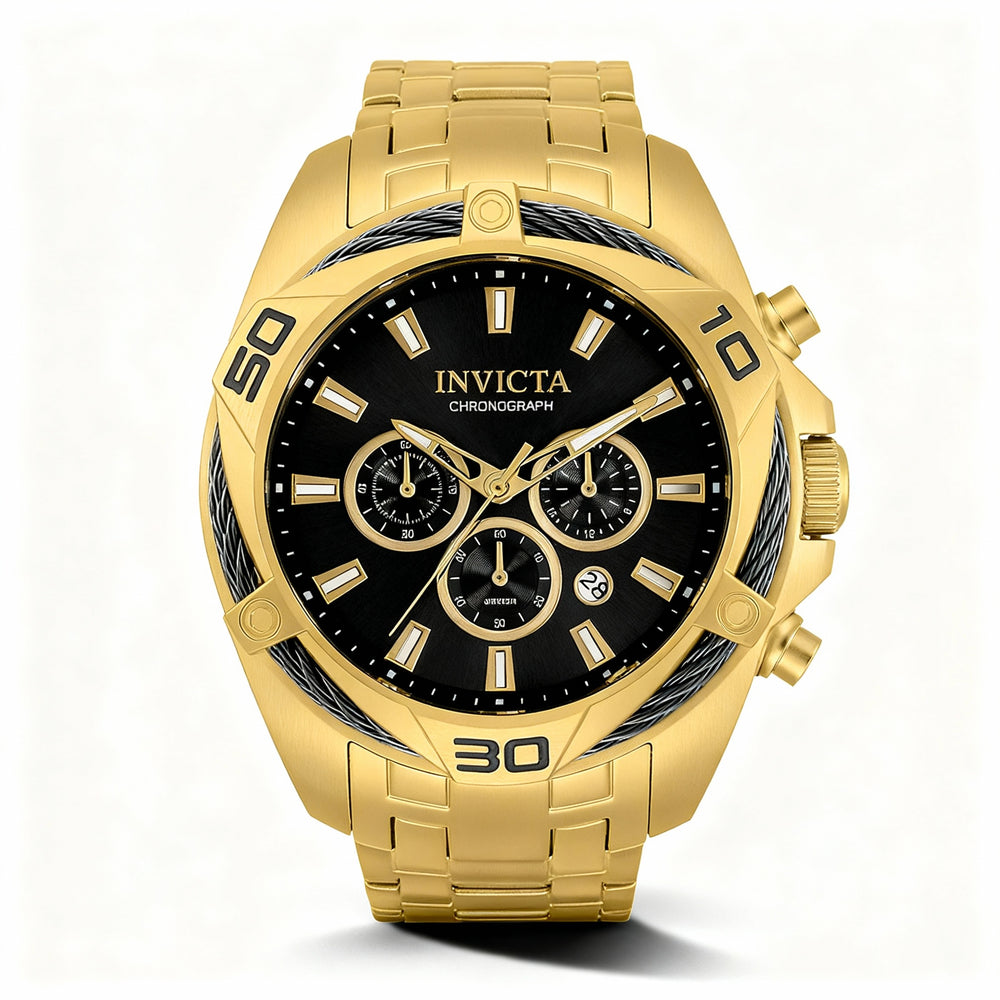 Reloj cronógrafo de cuarzo Invicta Bolt 34122 para hombre, de acero inoxidable en tono dorado, con esfera gris y caja de 50 mm con cristal Flame Fusion.