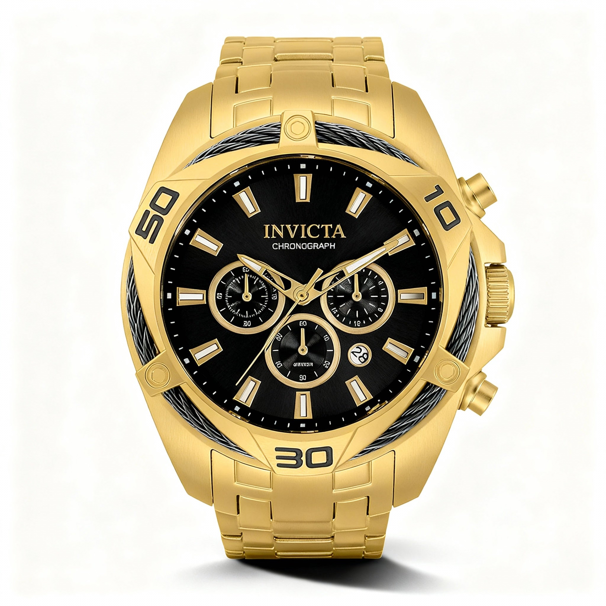 Invicta Bolt 34122 Men's Gold-Tone Stainless Steel Quartz Chronograph Watch with Grey Dial and Flame Fusion Crystal 50mm Case