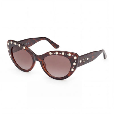 Gafas de sol de mujer GUESS de plástico con montura ojo de gato color Habana oscuro, con diamantes de imitación, cristales marrones degradados, 54 mm