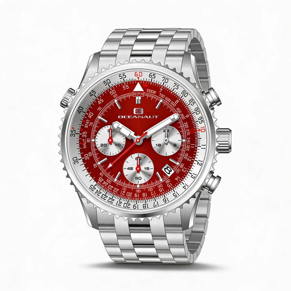 Reloj Oceanaut para hombre, con esfera roja, caja y pulsera de acero inoxidable, de cuarzo, resistente al agua hasta 10 ATM.