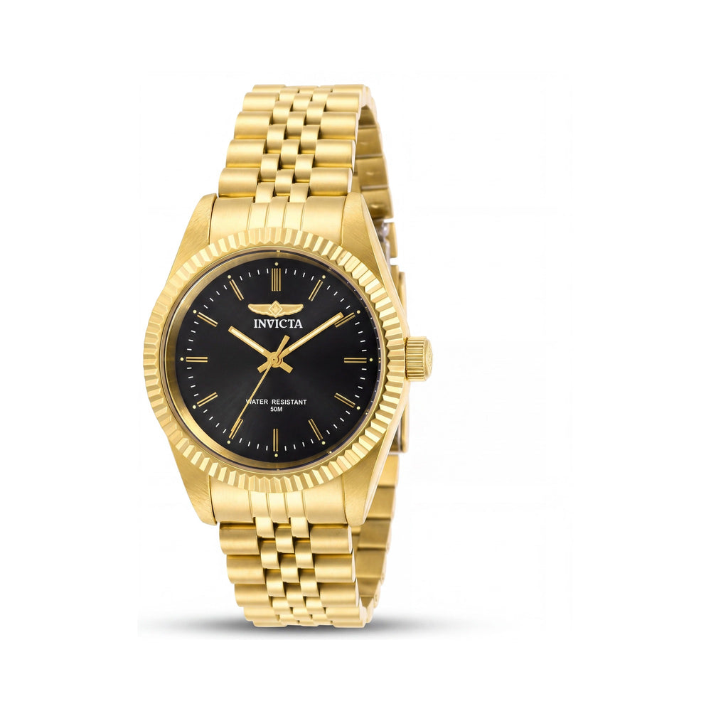 Reloj Invicta Specialty 29406 Unisex de acero inoxidable dorado con esfera negra, movimiento de cuarzo y resistente al agua, 36 mm