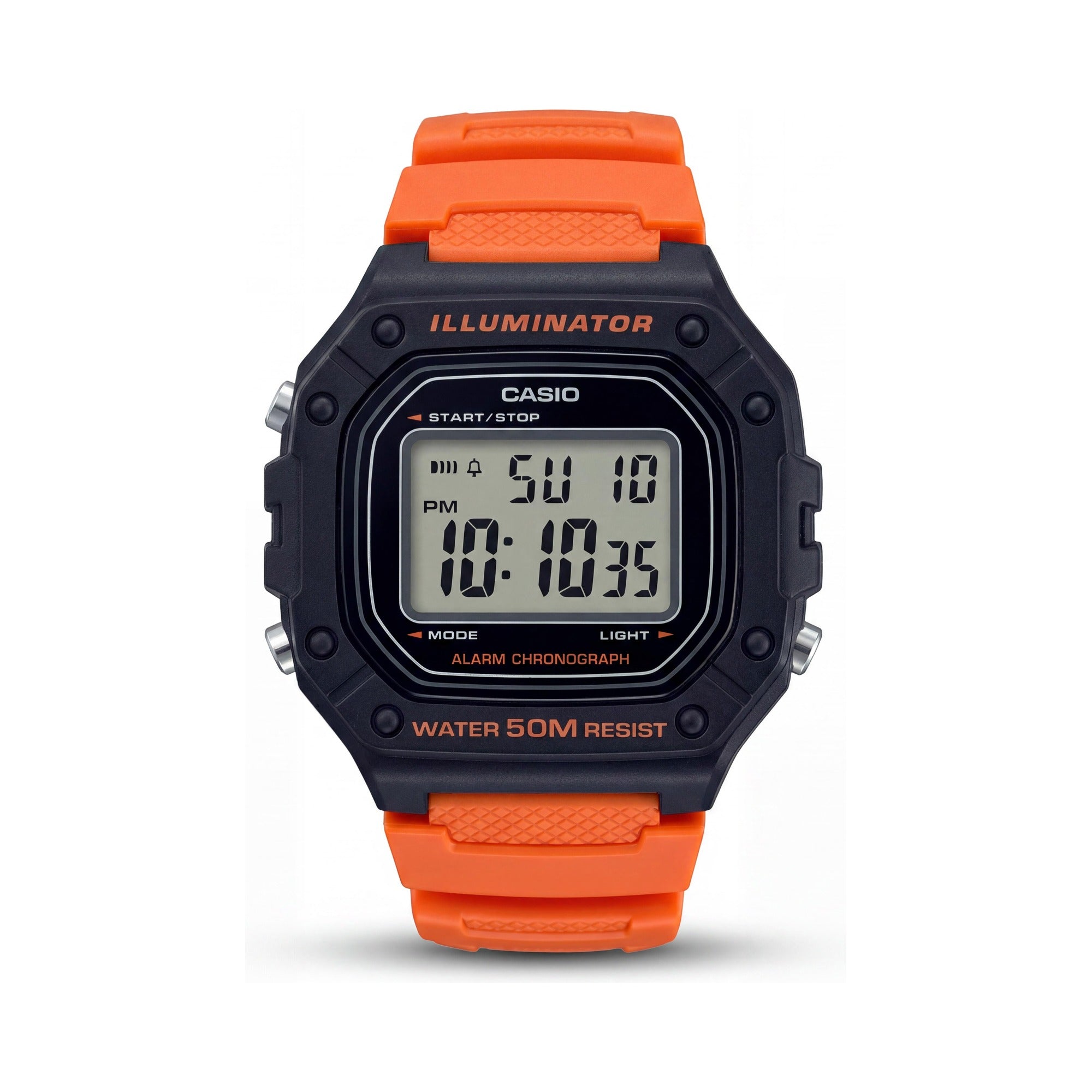 Casio W-218H-4B2VCF Men's 50M Water Resistant Illuminator Stopwatch Auto-Calendar Watch Black Orange 46mm, Photo 1