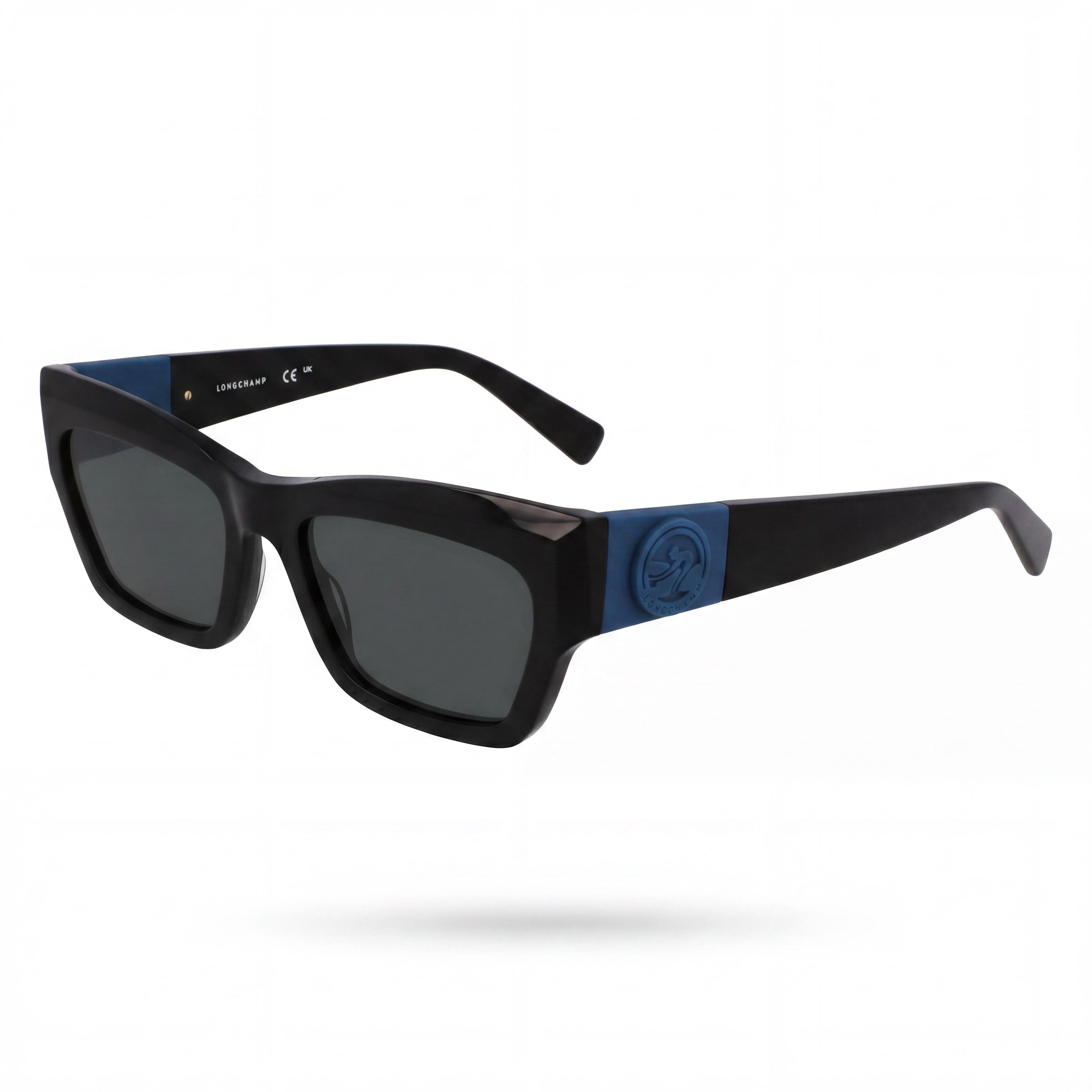 Longchamp Modern Men's Black Sunglasses: Black frame, black lenses, with 6mm lens width, 1mm bridge width, and 2mm temple length., Photo 1