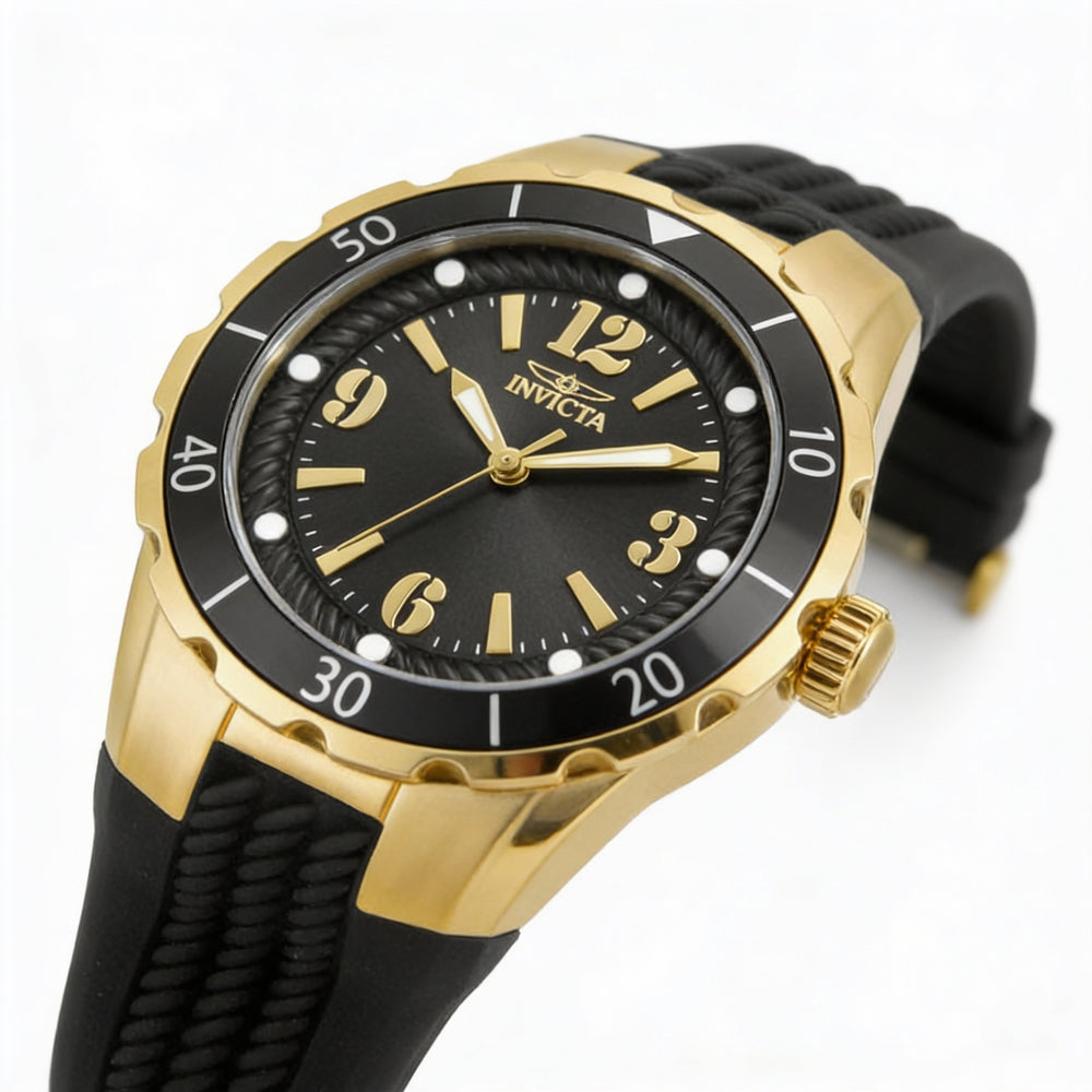 Reloj Invicta Angel 17486 de cuarzo de 38 mm con taquímetro de acero inoxidable en tono negro y dorado para mujer