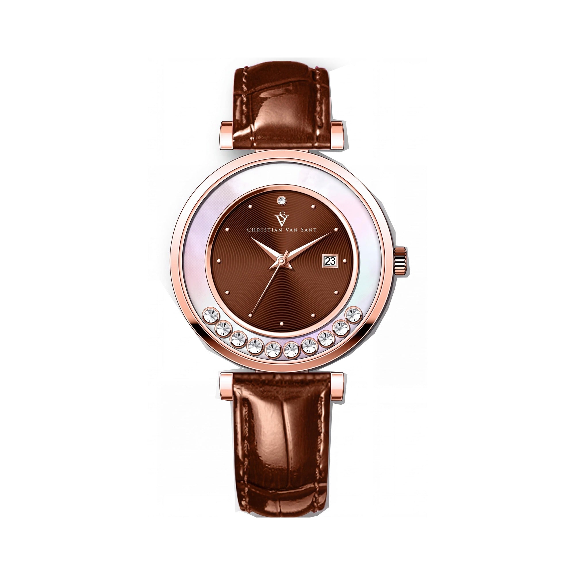 Christian Van Sant CV3817 Modern Women's Brown Stainless Steel Leather Quartz Movement Water Resistant Watch, Photo 1