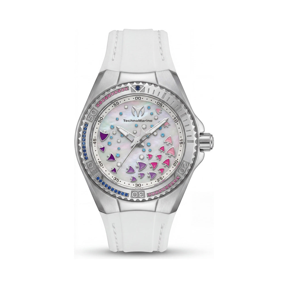 Reloj de cuarzo TechnoMarine Cruise TM-125003 para mujer, caja de acero inoxidable en tono plateado, esfera blanca, correa de silicona, 40 mm
