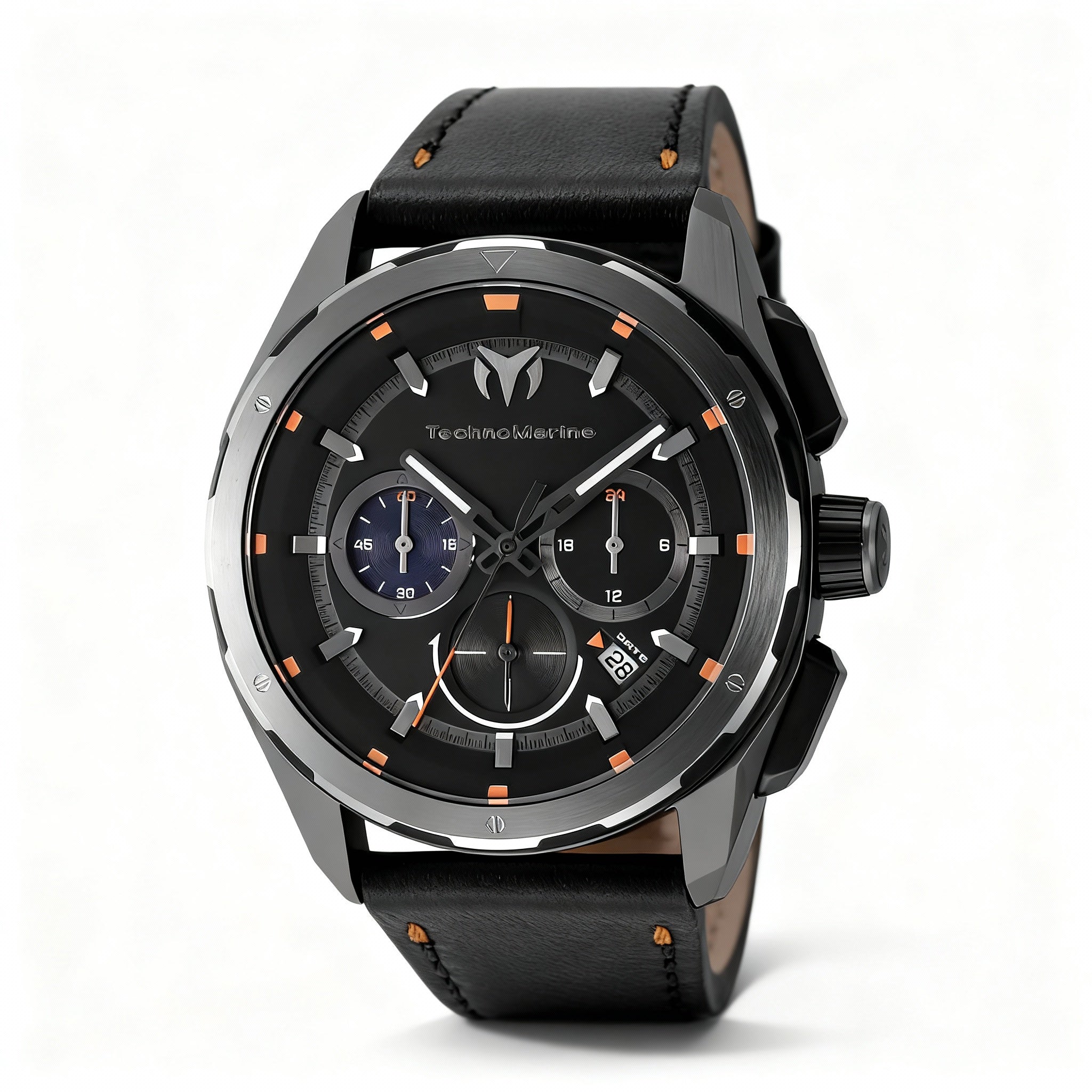 TechnoMarine OCEAN - NOMAD TM-318087 Men's 43mm Quartz Watch, Stainless Steel, Black Dial, Leather Strap