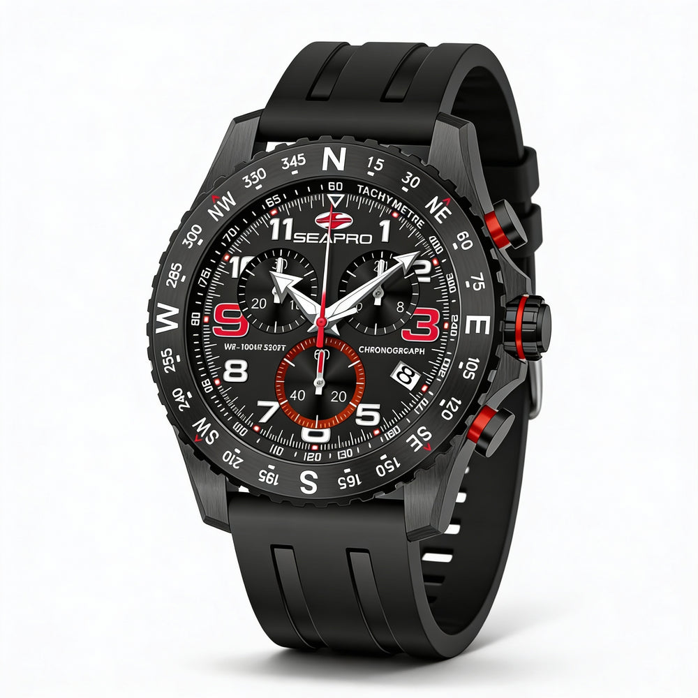 Reloj cronógrafo de cuarzo Seapro para hombre, caja de acero inoxidable negra, esfera negra, correa de caucho, resistente al agua hasta 100 m.