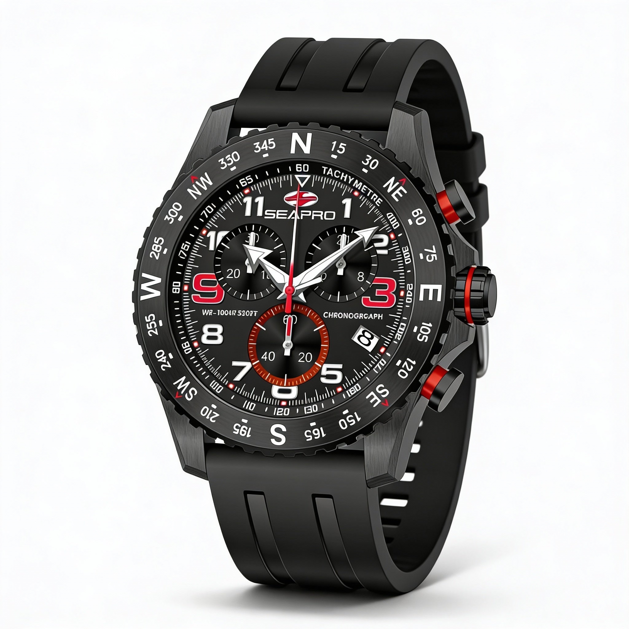 Reloj cronógrafo de cuarzo Seapro para hombre, caja de acero inoxidable negra, esfera negra, correa de caucho, resistente al agua hasta 100 m., Photo 1