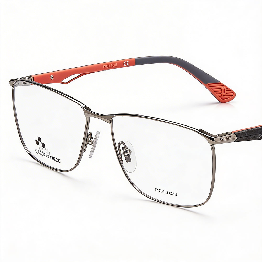 Gafas para hombre Police Classic con montura metálica en acabado rutenio brillante, ancho de lente de 57 mm