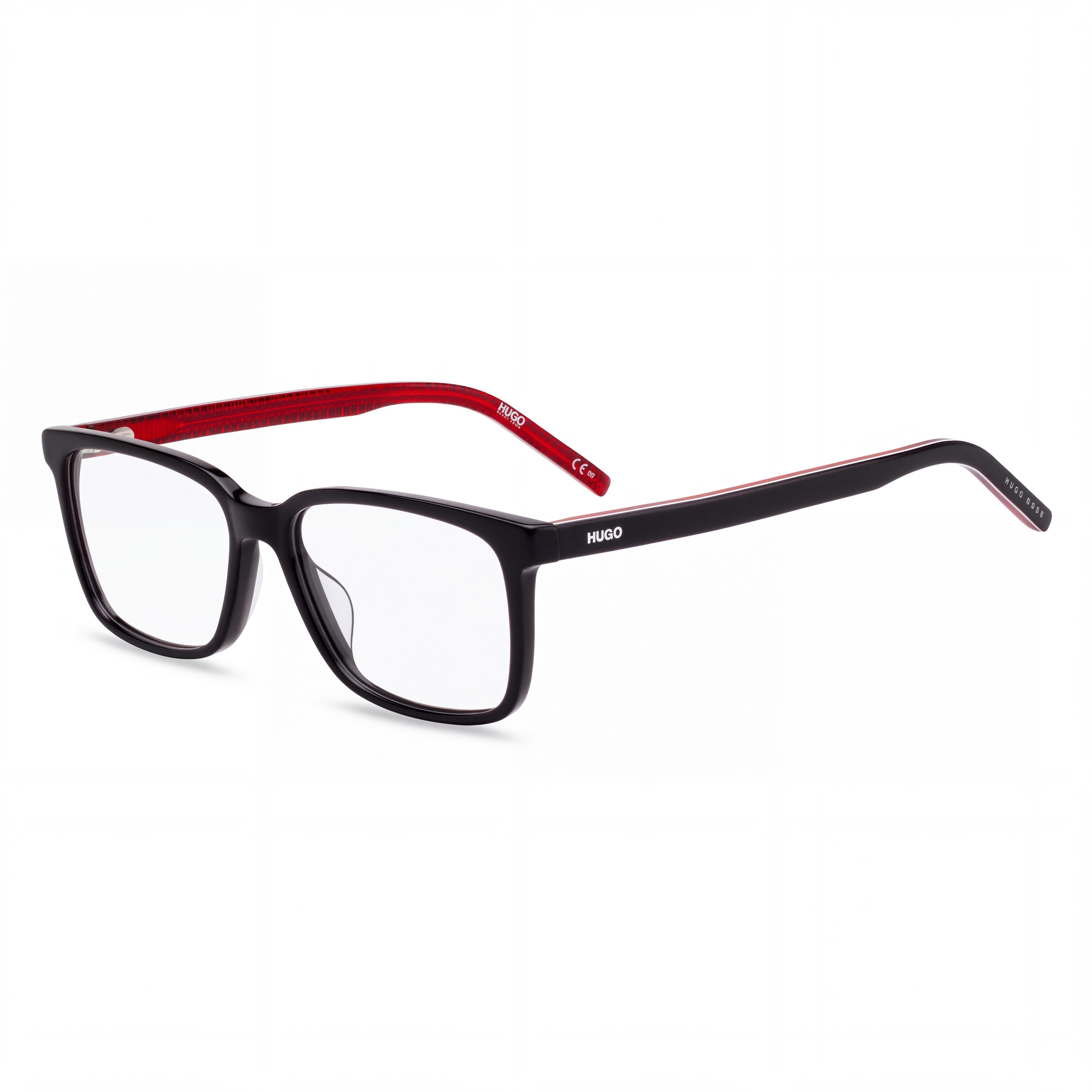 HUGO Rectangular Square Unisex Acetate Eyewear Shiny Black Transparent Red 54-16-145mm, Photo 1