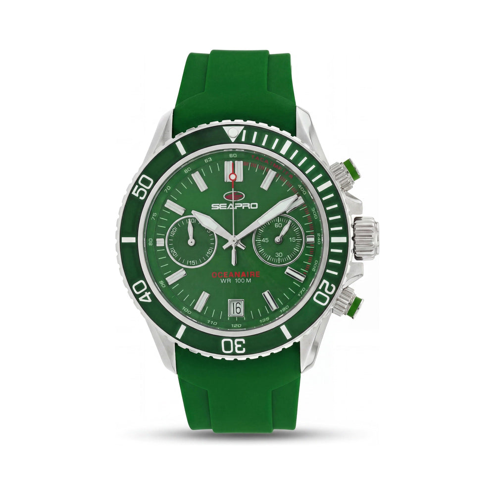 Reloj Seapro Modern para hombre, esfera verde, caja de acero inoxidable, correa de silicona, resistente al agua, movimiento de cuarzo, cristal mineral