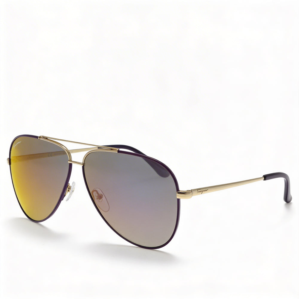 Gafas de sol Ferragamo Aviator para mujer, de metal, dorado claro, esmaltado morado, lentes de espejo morado, 60 mm, protección UV