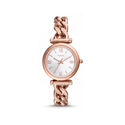 Fossil Carlie Mini Women's Rose Gold-Tone Stainless Steel Curb Chain Roman Numeral Glow In The Dark 28mm Watch