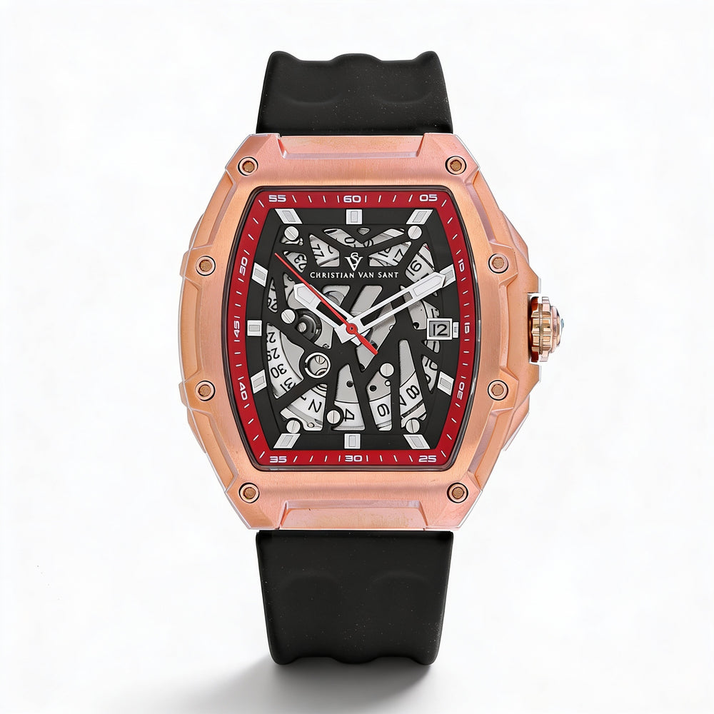 Reloj automático Christian Van Sant para hombre, de acero inoxidable, con esfera negra y correa de caucho, resistente al agua.