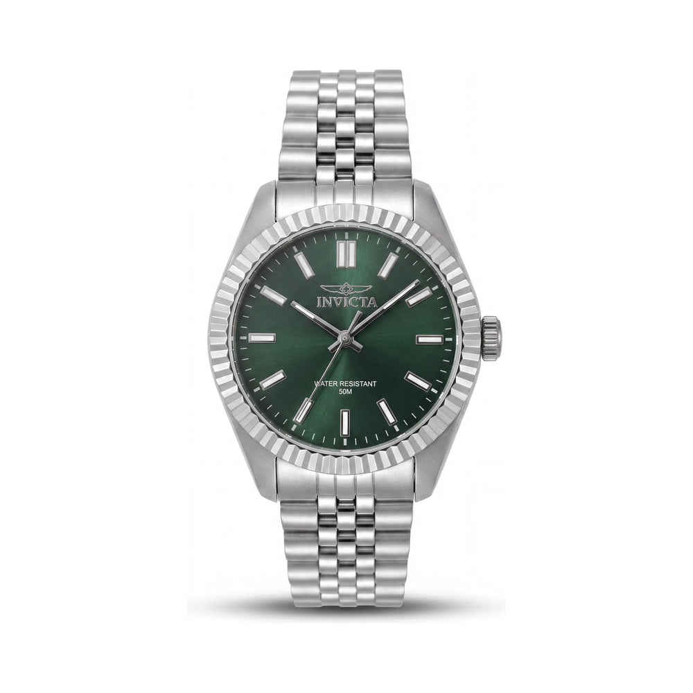Reloj de cuarzo unisex Invicta Specialty 47496 con pulsera, caja de acero inoxidable de 36 mm, esfera verde y segundero.