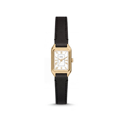 Fossil Raquel Women's 18mm Gold Black Rectangular Leather Strap Watch with Scratch-Resistant Mineral Crystal and Roman Numerals