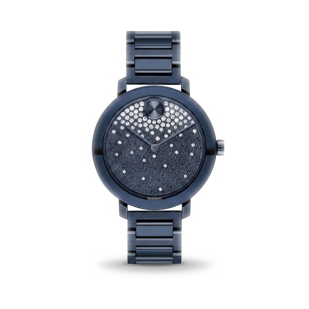 Movado BOLD Reloj de cuarzo de acero inoxidable chapado en iones azules de 34 mm para mujer con esfera esmerilada y cristales en cascada