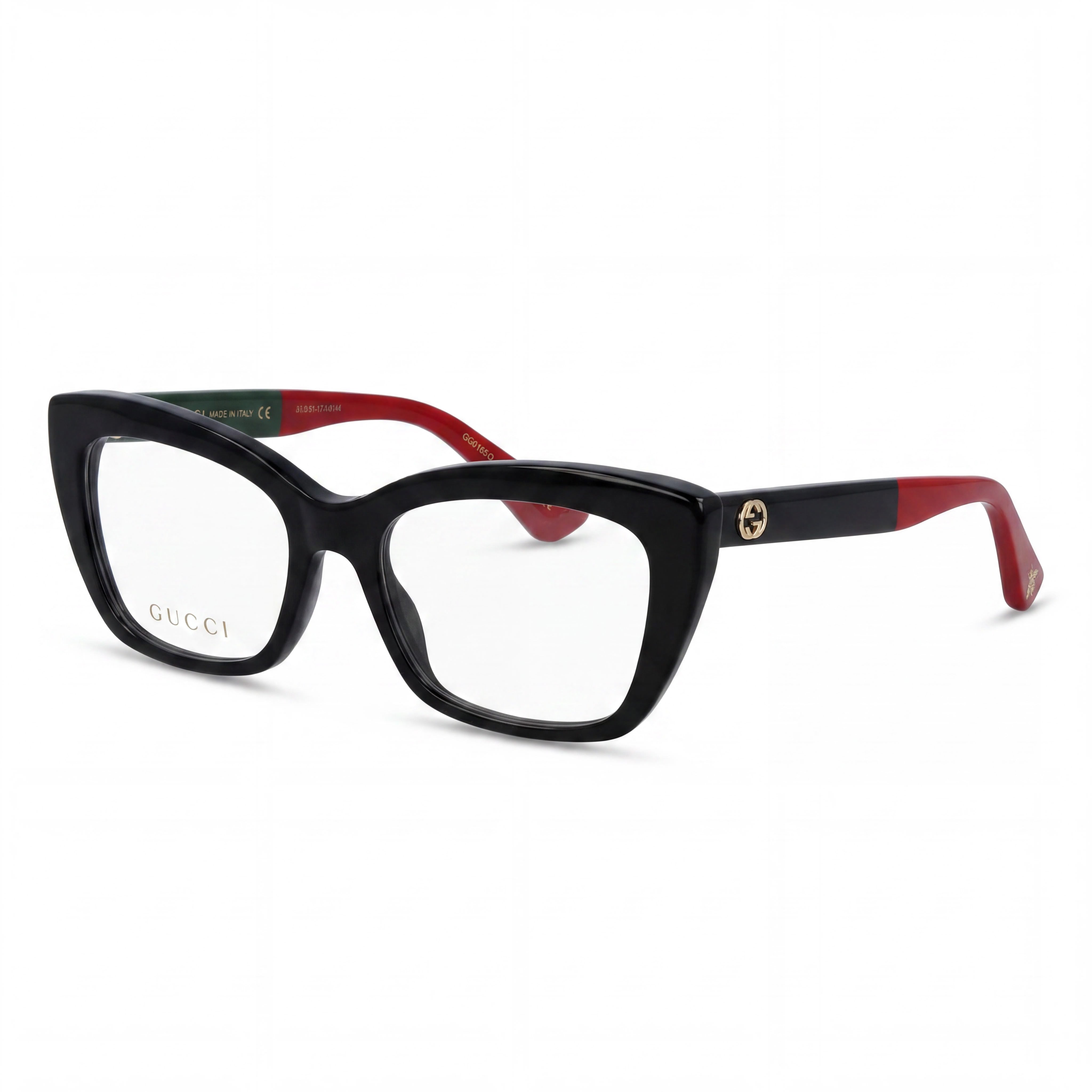 Gucci GG0165ON Women's Cat Eye Full Rim Eyeglasses in Black Red Green Gold Logo Plastic, Lens 51mm Bridge 17mm, Photo 1