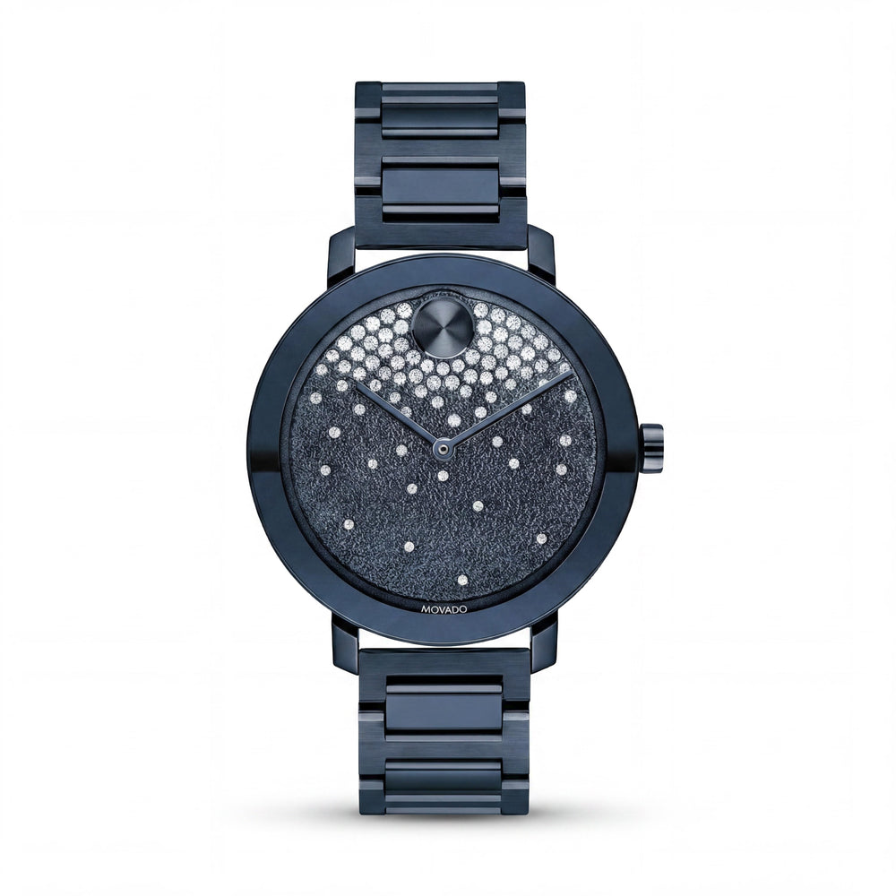 Movado BOLD Reloj de cuarzo de acero inoxidable chapado en iones azules de 34 mm para mujer con esfera esmerilada y cristales en cascada