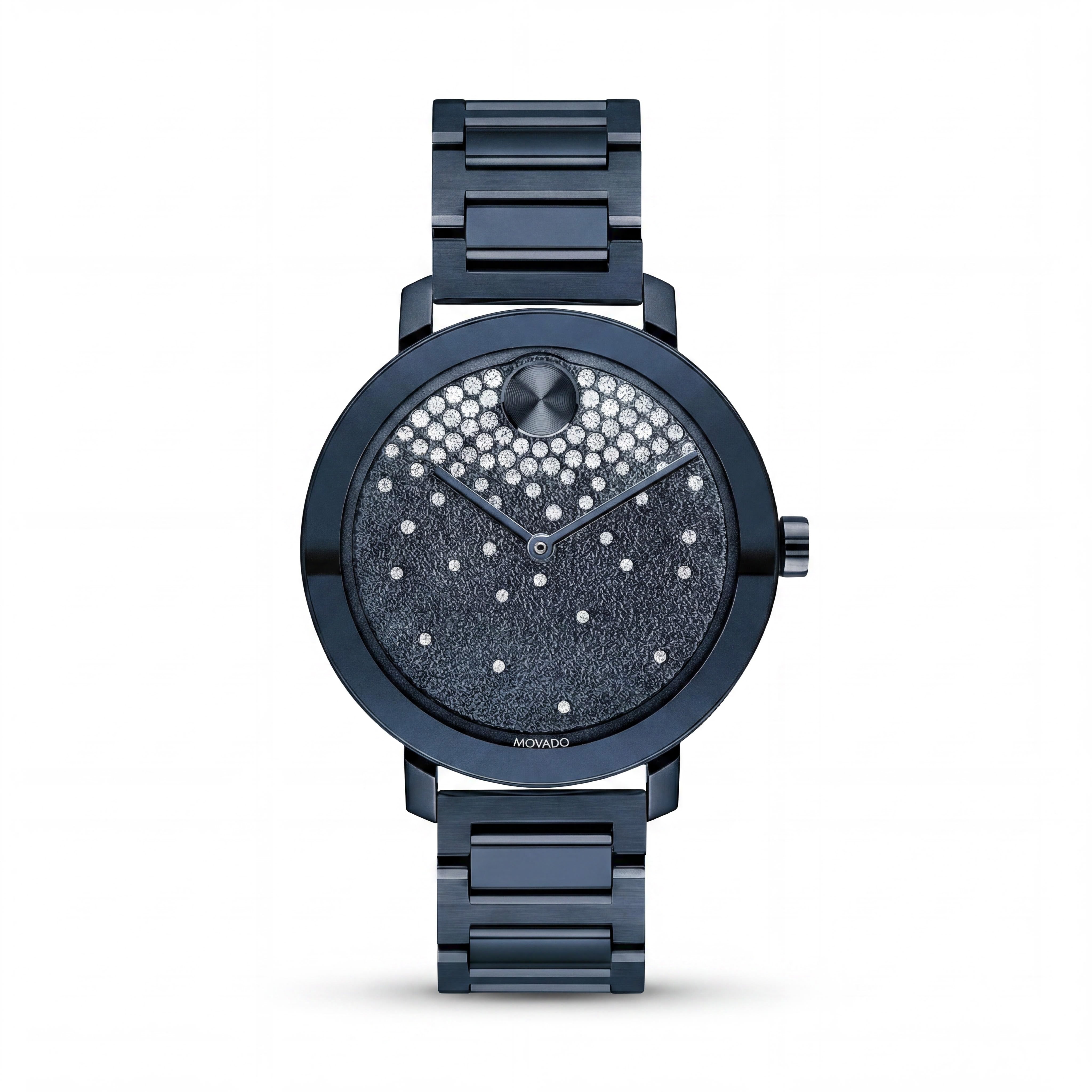 Movado BOLD Reloj de cuarzo de acero inoxidable chapado en iones azules de 34 mm para mujer con esfera esmerilada y cristales en cascada, Photo 1