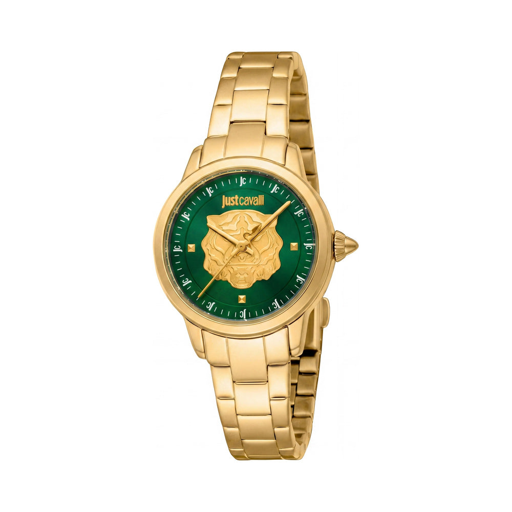 Reloj de cuarzo para mujer Just Cavalli con pulsera, esfera verde botella, acero inoxidable en oro amarillo de 30 mm