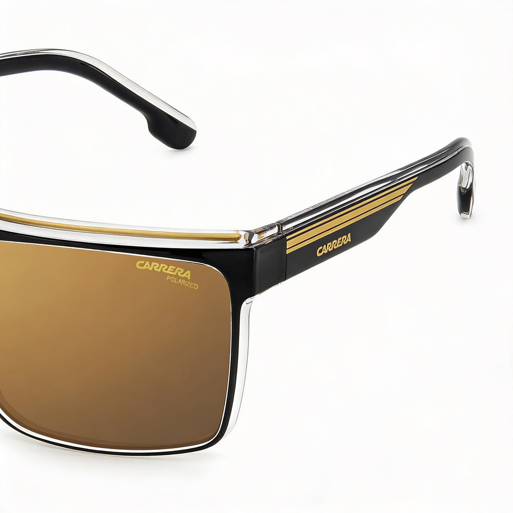 Gafas de sol Carrera Modern para hombre, montura de poliamida negra y dorada, lentes doradas de alto contraste y protección UV, 63 mm