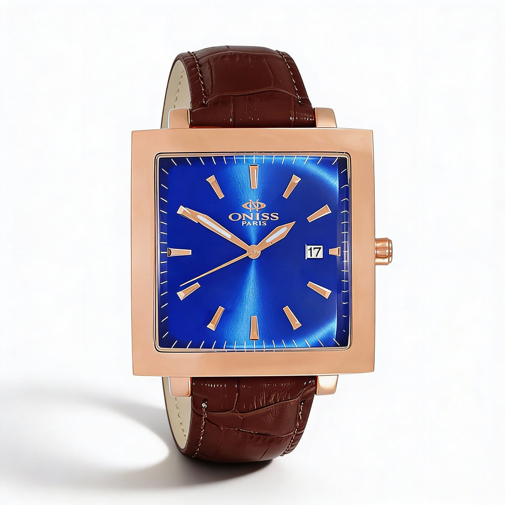Oniss Modern Men's Watch Featuring Blue Dial, Stainless Steel Case, Leather Strap, Quartz Movement, and Scratch Resistant Mineral Crystal